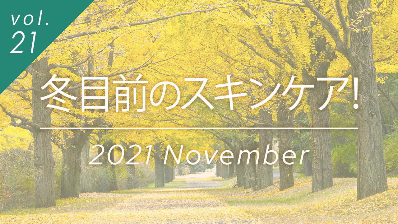 冬目前のスキンケア特集vol.21の表紙画像。2021年11月号として、黄金色に色づいた美しい銀杏並木を背景に、冬の始まりに向けた肌ケアの重要性を表現したデザイン。