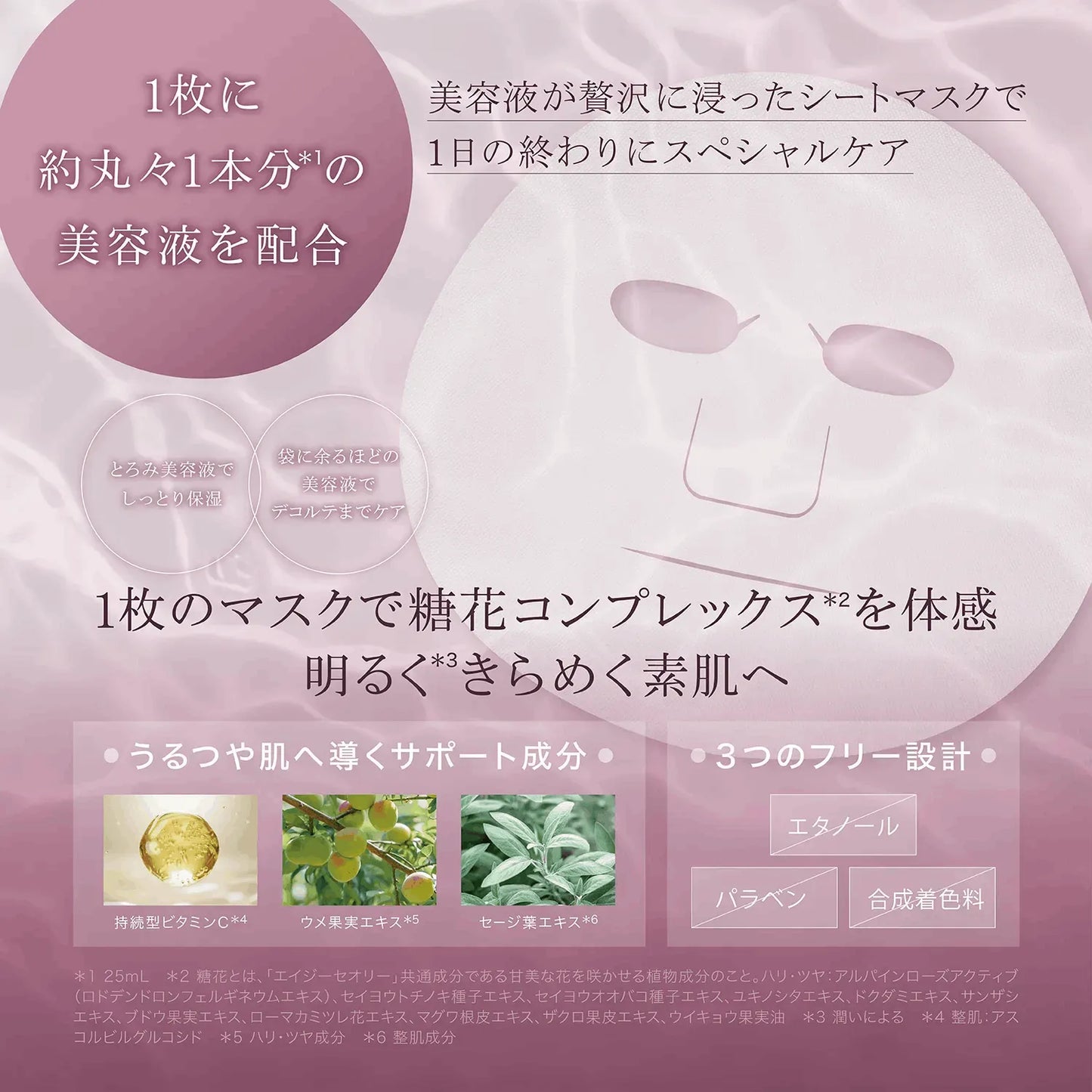 アクシージア_エイジーセオリー_スムースマスク_1枚のマスクで糖花*コンプレックス *2を体感明るくきらめく素肌へ*1 糖花とは、「エイジーセオリー」共通成分である甘美な花を咲かせる植物成分のこと *2 年齢に応じたお手入れ