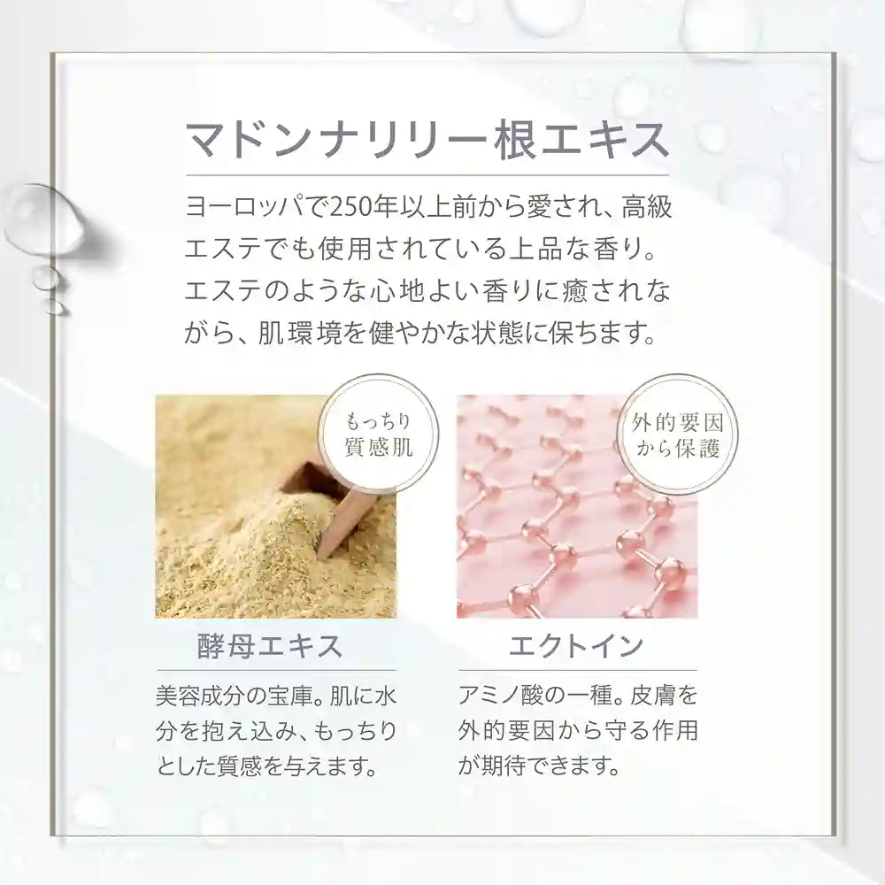 リスビューシリーズ共通成分 整肌:マドンナリリー根エキス 保湿:酵母エキス ハリ:エクトイン