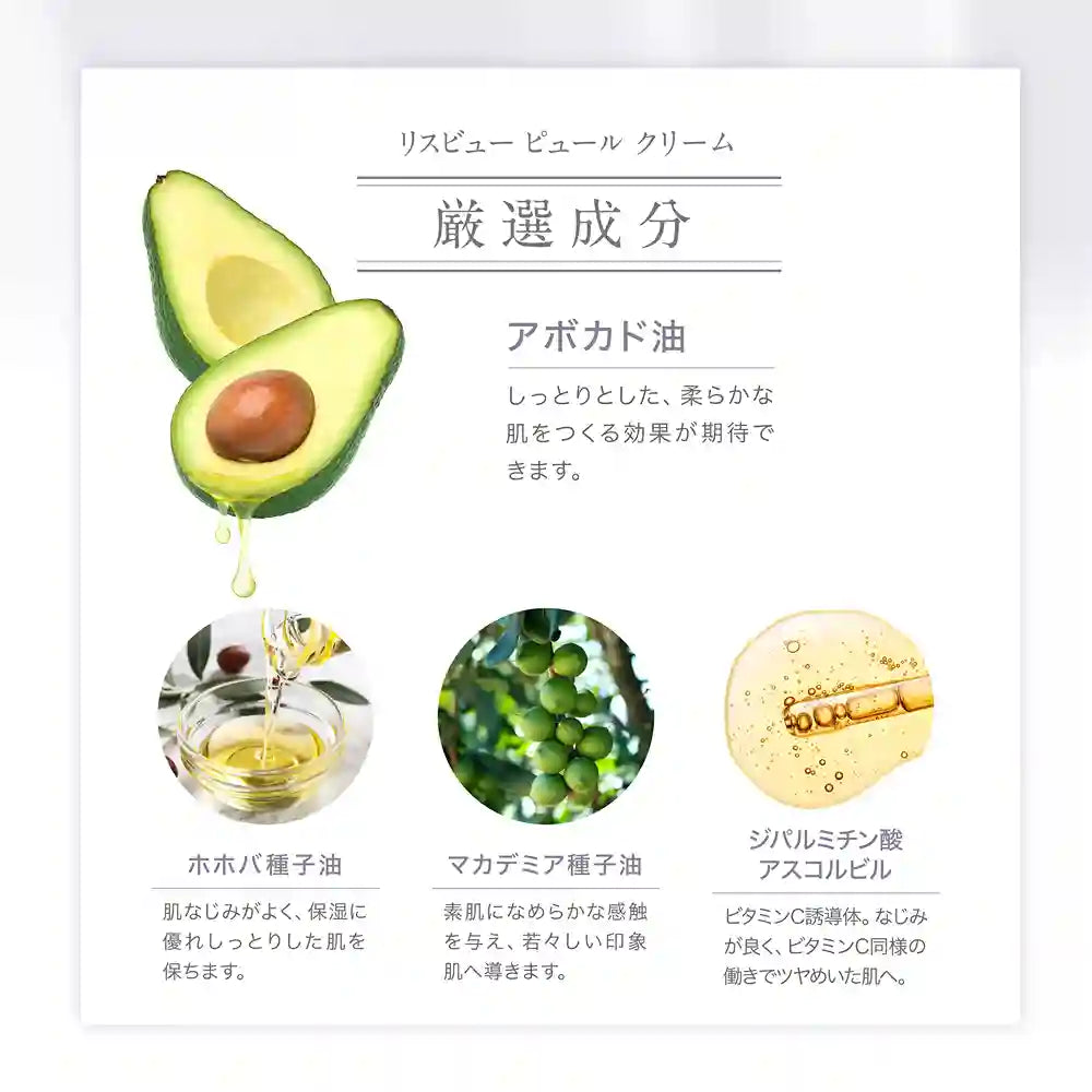 リスビュー ピュール クリーム厳選成分 ツヤ:アボカド油、ジパルミチン酸アスコルビル 保湿:ホホバ種子油、マカデミア種子油
