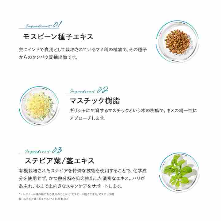 アクシージア_リスブラン_マイルドクリーム _Ingredient01モスビーン種子エキス主にインドで食用として栽培されているマメ科の植物で、その種子からのタンパク質抽出物です。Ingredient02マスチック樹脂ギリシャに生育するマスチックという木の樹脂で、キメの均一性にアプローチします。Ingredient03ステビア葉/茎エキス有機栽培されたステビアを特殊な技術を使用することで、化学成分を使用せず、かつ熱分解を抑え抽出した濃密なエキス。ハリがあふれ、心まで上向きなスキンケアをサポートします。*1レチノール様作用のある成分のこと(ハリ:モスビーン種子エキス、マスチック樹脂、ステビア葉/茎エキス)*2肌荒れなど